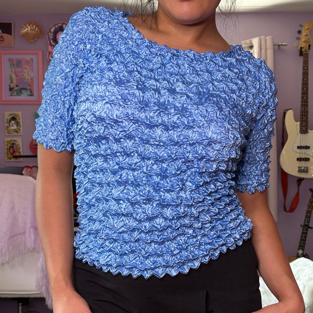 Vintage deadstock Y2K blue popcorn satin top